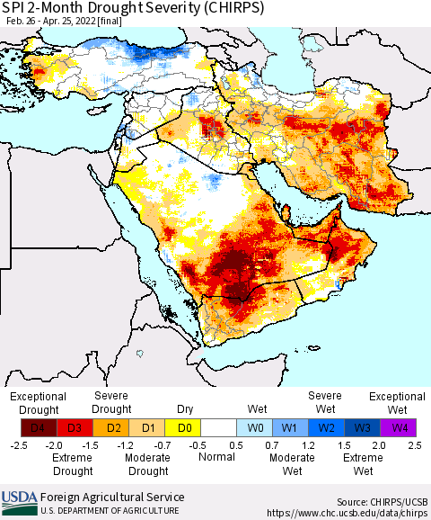 Middle East and Turkey SPI 2-Month Drought Severity (CHIRPS) Thematic Map For 2/26/2022 - 4/25/2022