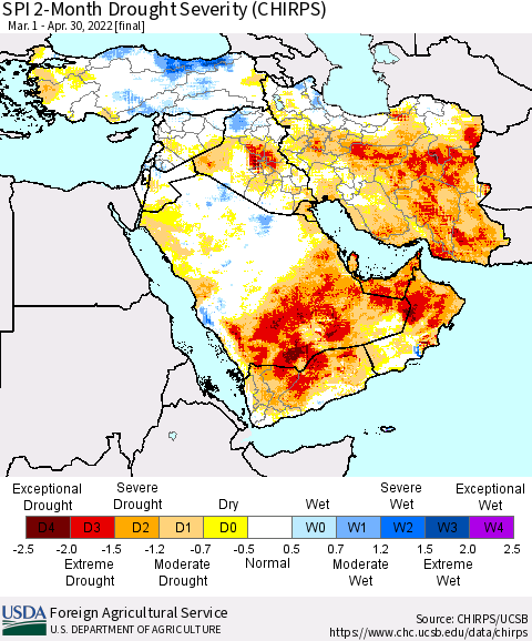 Middle East and Turkey SPI 2-Month Drought Severity (CHIRPS) Thematic Map For 3/1/2022 - 4/30/2022