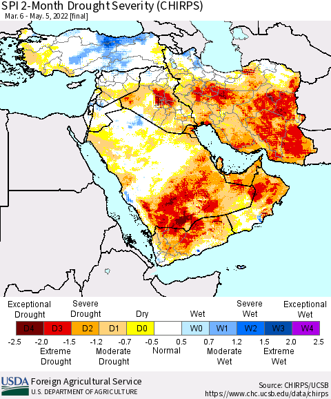 Middle East and Turkey SPI 2-Month Drought Severity (CHIRPS) Thematic Map For 3/6/2022 - 5/5/2022