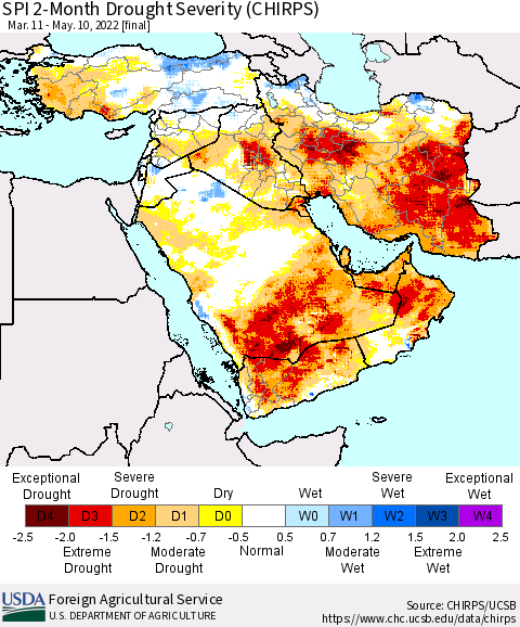 Middle East and Turkey SPI 2-Month Drought Severity (CHIRPS) Thematic Map For 3/11/2022 - 5/10/2022