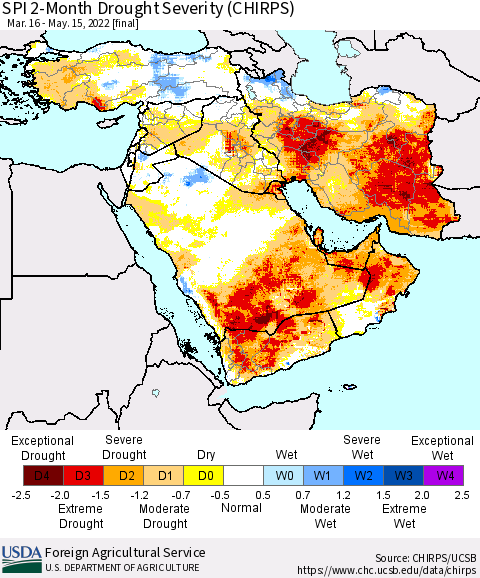 Middle East and Turkey SPI 2-Month Drought Severity (CHIRPS) Thematic Map For 3/16/2022 - 5/15/2022