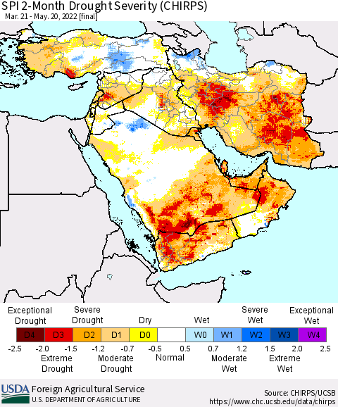 Middle East and Turkey SPI 2-Month Drought Severity (CHIRPS) Thematic Map For 3/21/2022 - 5/20/2022