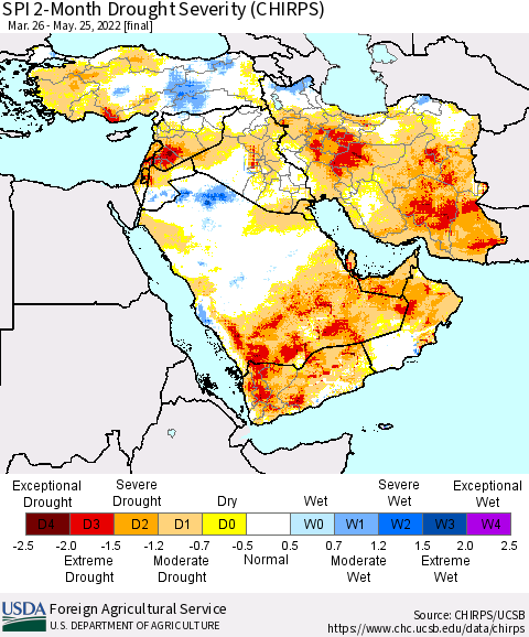Middle East and Turkey SPI 2-Month Drought Severity (CHIRPS) Thematic Map For 3/26/2022 - 5/25/2022