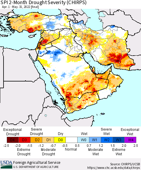 Middle East and Turkey SPI 2-Month Drought Severity (CHIRPS) Thematic Map For 4/1/2022 - 5/31/2022