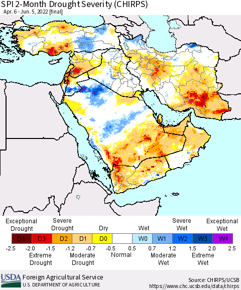 Middle East and Turkey SPI 2-Month Drought Severity (CHIRPS) Thematic Map For 4/6/2022 - 6/5/2022