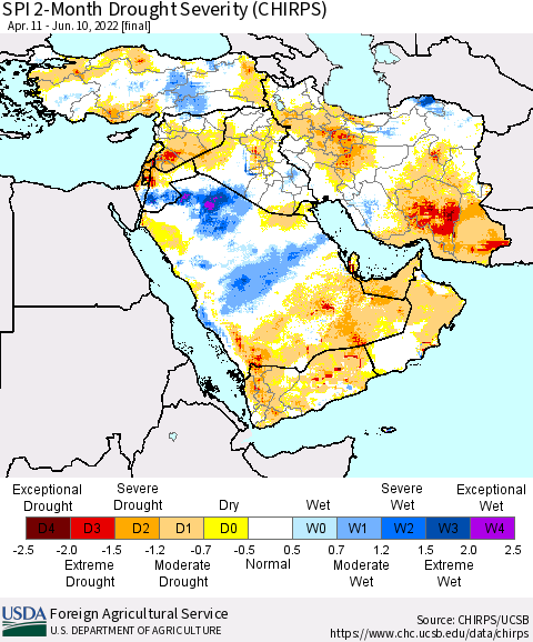 Middle East and Turkey SPI 2-Month Drought Severity (CHIRPS) Thematic Map For 4/11/2022 - 6/10/2022
