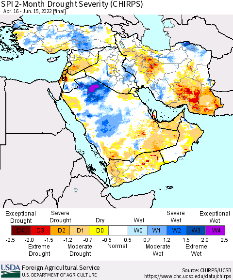 Middle East and Turkey SPI 2-Month Drought Severity (CHIRPS) Thematic Map For 4/16/2022 - 6/15/2022