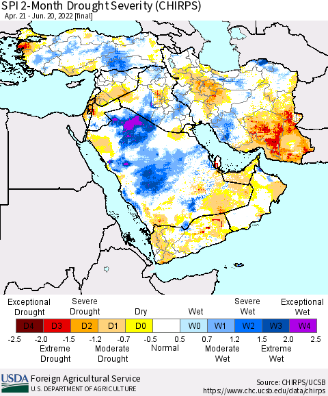 Middle East and Turkey SPI 2-Month Drought Severity (CHIRPS) Thematic Map For 4/21/2022 - 6/20/2022