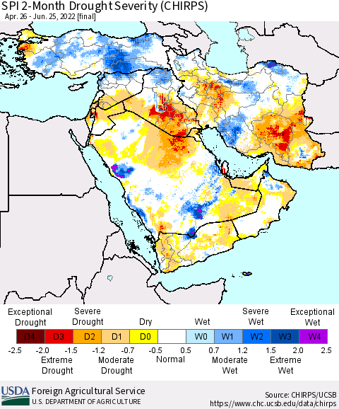 Middle East and Turkey SPI 2-Month Drought Severity (CHIRPS) Thematic Map For 4/26/2022 - 6/25/2022