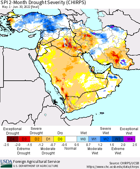 Middle East and Turkey SPI 2-Month Drought Severity (CHIRPS) Thematic Map For 5/1/2022 - 6/30/2022