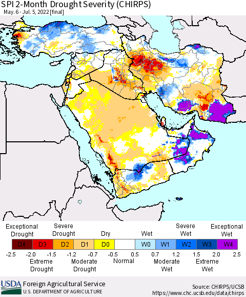 Middle East and Turkey SPI 2-Month Drought Severity (CHIRPS) Thematic Map For 5/6/2022 - 7/5/2022