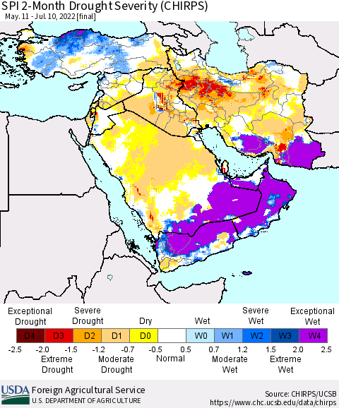 Middle East and Turkey SPI 2-Month Drought Severity (CHIRPS) Thematic Map For 5/11/2022 - 7/10/2022