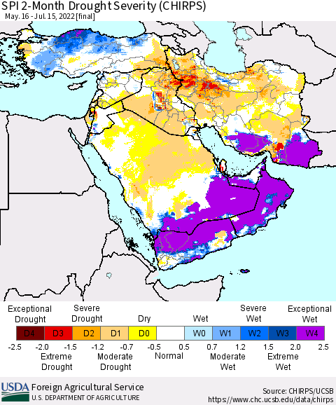 Middle East and Turkey SPI 2-Month Drought Severity (CHIRPS) Thematic Map For 5/16/2022 - 7/15/2022