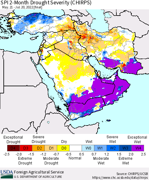Middle East and Turkey SPI 2-Month Drought Severity (CHIRPS) Thematic Map For 5/21/2022 - 7/20/2022