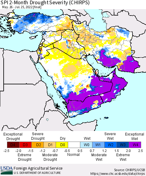 Middle East and Turkey SPI 2-Month Drought Severity (CHIRPS) Thematic Map For 5/26/2022 - 7/25/2022