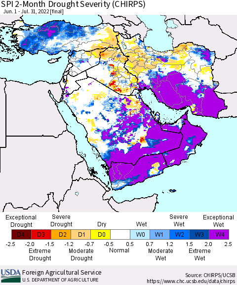 Middle East and Turkey SPI 2-Month Drought Severity (CHIRPS) Thematic Map For 6/1/2022 - 7/31/2022