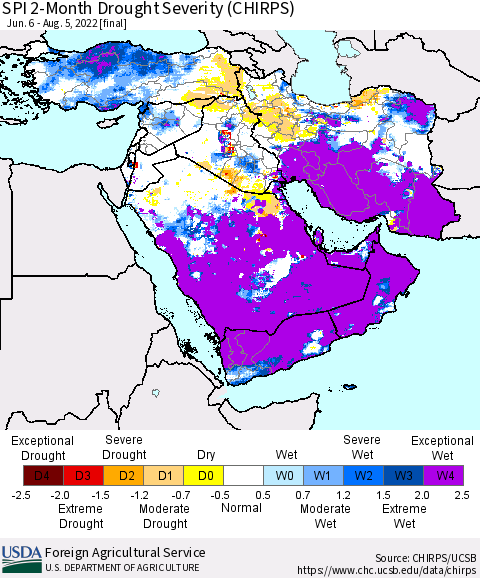 Middle East and Turkey SPI 2-Month Drought Severity (CHIRPS) Thematic Map For 6/6/2022 - 8/5/2022