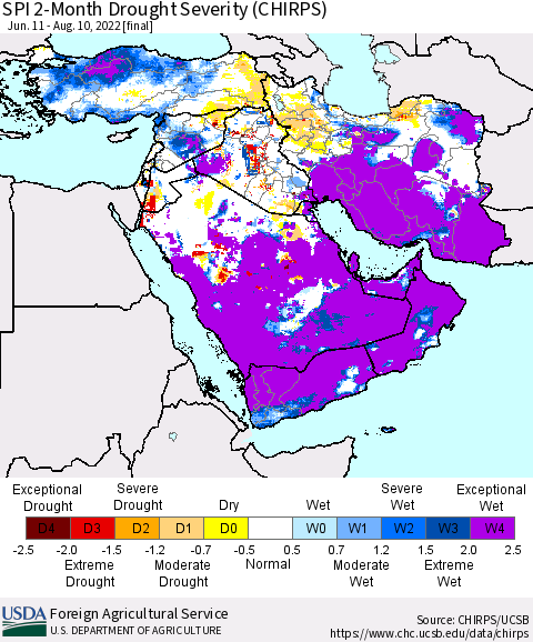 Middle East and Turkey SPI 2-Month Drought Severity (CHIRPS) Thematic Map For 6/11/2022 - 8/10/2022
