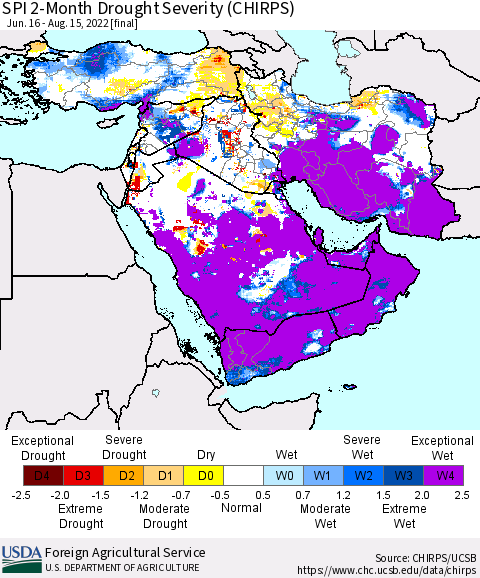 Middle East and Turkey SPI 2-Month Drought Severity (CHIRPS) Thematic Map For 6/16/2022 - 8/15/2022