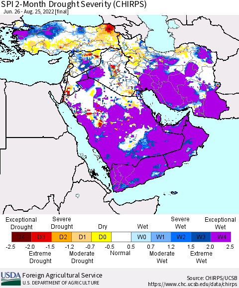 Middle East and Turkey SPI 2-Month Drought Severity (CHIRPS) Thematic Map For 6/26/2022 - 8/25/2022