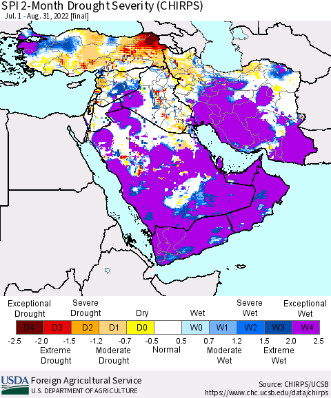 Middle East and Turkey SPI 2-Month Drought Severity (CHIRPS) Thematic Map For 7/1/2022 - 8/31/2022