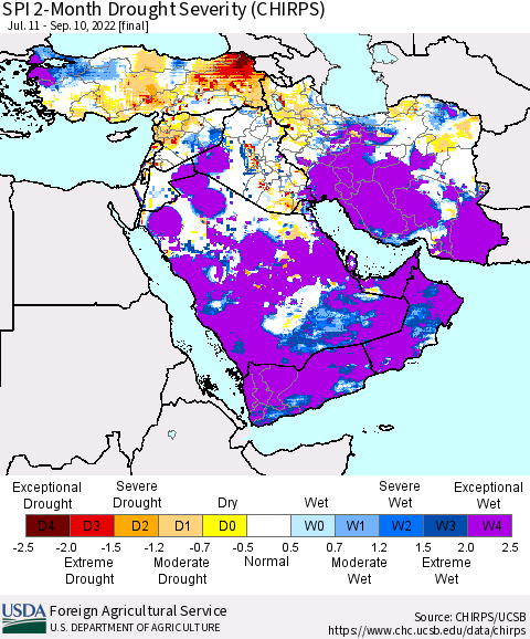Middle East and Turkey SPI 2-Month Drought Severity (CHIRPS) Thematic Map For 7/11/2022 - 9/10/2022