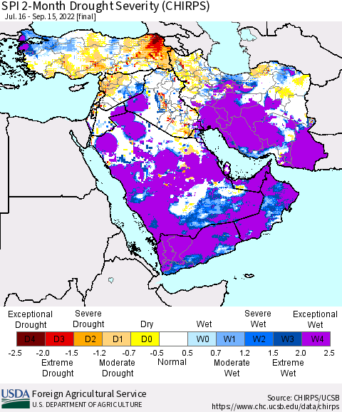 Middle East and Turkey SPI 2-Month Drought Severity (CHIRPS) Thematic Map For 7/16/2022 - 9/15/2022