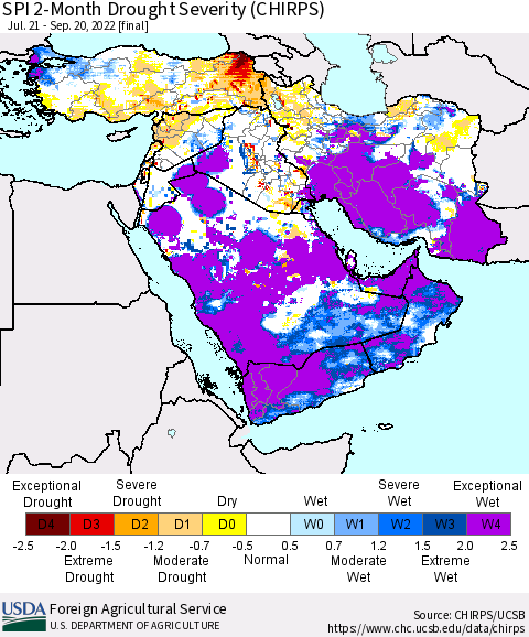 Middle East and Turkey SPI 2-Month Drought Severity (CHIRPS) Thematic Map For 7/21/2022 - 9/20/2022