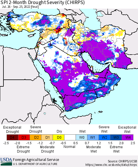 Middle East and Turkey SPI 2-Month Drought Severity (CHIRPS) Thematic Map For 7/26/2022 - 9/25/2022