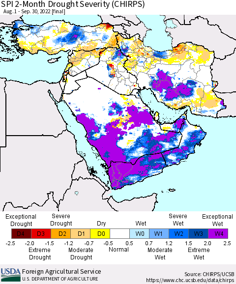 Middle East and Turkey SPI 2-Month Drought Severity (CHIRPS) Thematic Map For 8/1/2022 - 9/30/2022