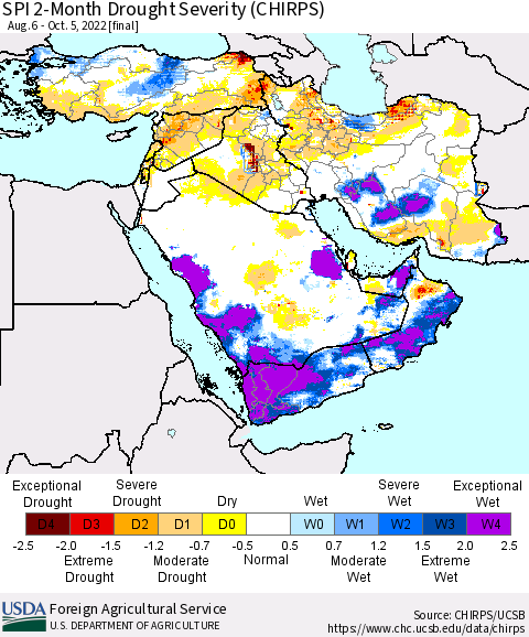 Middle East and Turkey SPI 2-Month Drought Severity (CHIRPS) Thematic Map For 8/6/2022 - 10/5/2022