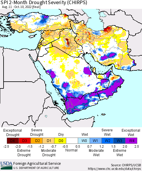 Middle East and Turkey SPI 2-Month Drought Severity (CHIRPS) Thematic Map For 8/11/2022 - 10/10/2022