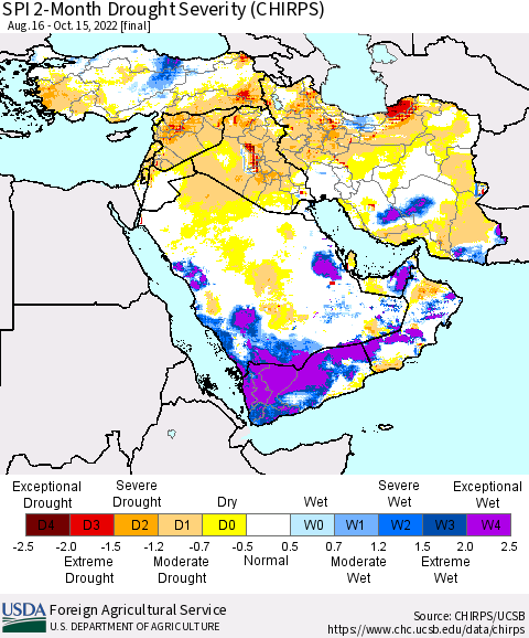 Middle East and Turkey SPI 2-Month Drought Severity (CHIRPS) Thematic Map For 8/16/2022 - 10/15/2022