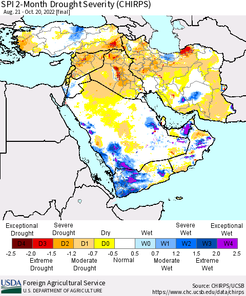 Middle East and Turkey SPI 2-Month Drought Severity (CHIRPS) Thematic Map For 8/21/2022 - 10/20/2022