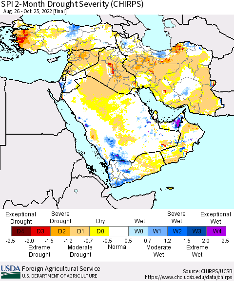 Middle East and Turkey SPI 2-Month Drought Severity (CHIRPS) Thematic Map For 8/26/2022 - 10/25/2022