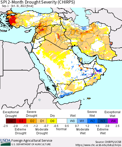 Middle East and Turkey SPI 2-Month Drought Severity (CHIRPS) Thematic Map For 9/1/2022 - 10/31/2022