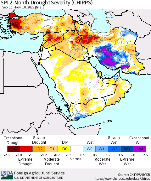 Middle East and Turkey SPI 2-Month Drought Severity (CHIRPS) Thematic Map For 9/11/2022 - 11/10/2022