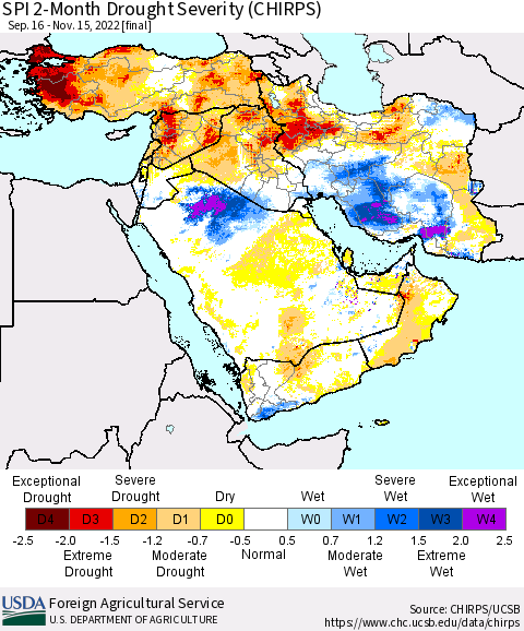 Middle East and Turkey SPI 2-Month Drought Severity (CHIRPS) Thematic Map For 9/16/2022 - 11/15/2022