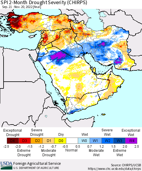 Middle East and Turkey SPI 2-Month Drought Severity (CHIRPS) Thematic Map For 9/21/2022 - 11/20/2022