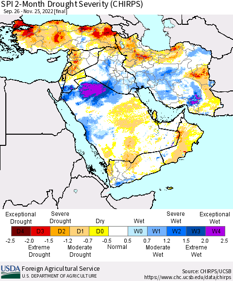 Middle East and Turkey SPI 2-Month Drought Severity (CHIRPS) Thematic Map For 9/26/2022 - 11/25/2022