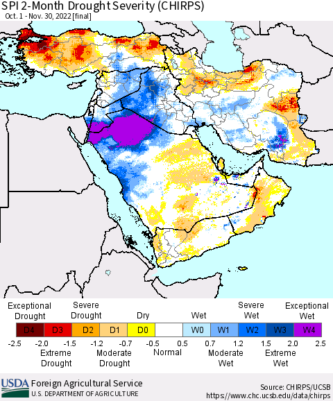 Middle East and Turkey SPI 2-Month Drought Severity (CHIRPS) Thematic Map For 10/1/2022 - 11/30/2022