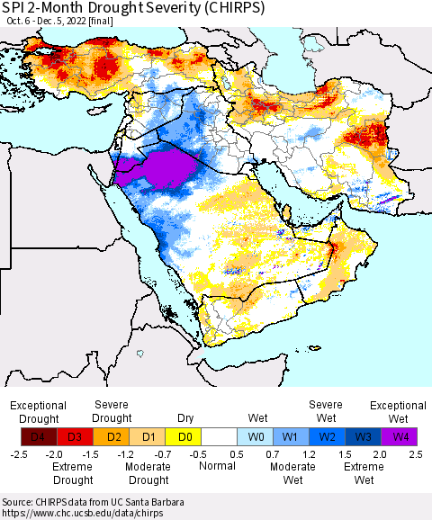 Middle East and Turkey SPI 2-Month Drought Severity (CHIRPS) Thematic Map For 10/6/2022 - 12/5/2022