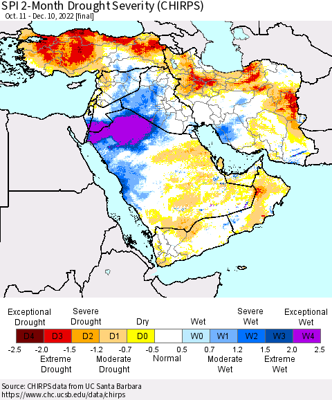 Middle East and Turkey SPI 2-Month Drought Severity (CHIRPS) Thematic Map For 10/11/2022 - 12/10/2022