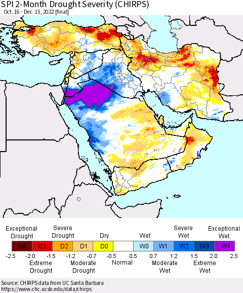 Middle East and Turkey SPI 2-Month Drought Severity (CHIRPS) Thematic Map For 10/16/2022 - 12/15/2022