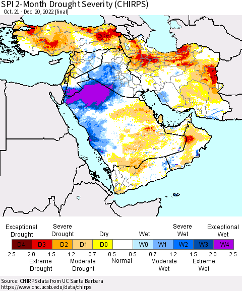 Middle East and Turkey SPI 2-Month Drought Severity (CHIRPS) Thematic Map For 10/21/2022 - 12/20/2022