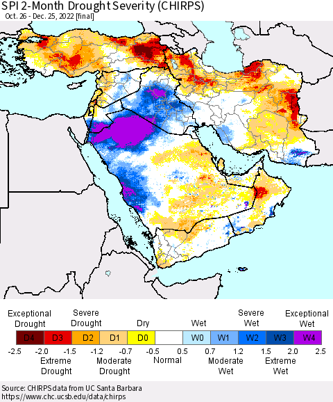 Middle East and Turkey SPI 2-Month Drought Severity (CHIRPS) Thematic Map For 10/26/2022 - 12/25/2022