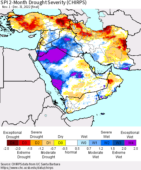 Middle East and Turkey SPI 2-Month Drought Severity (CHIRPS) Thematic Map For 11/1/2022 - 12/31/2022
