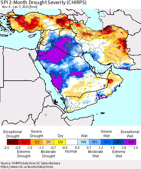 Middle East and Turkey SPI 2-Month Drought Severity (CHIRPS) Thematic Map For 11/6/2022 - 1/5/2023