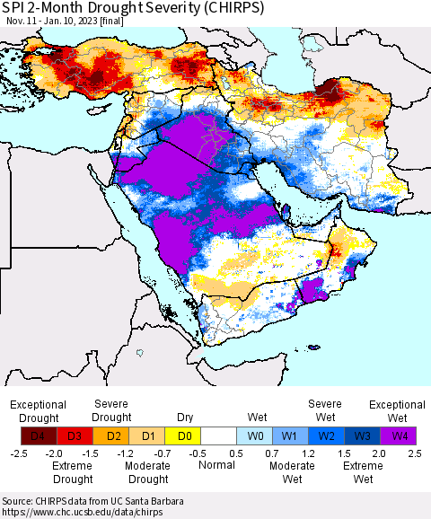Middle East and Turkey SPI 2-Month Drought Severity (CHIRPS) Thematic Map For 11/11/2022 - 1/10/2023