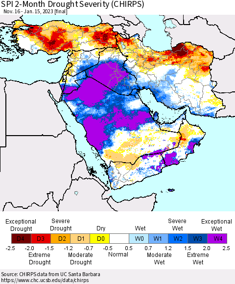 Middle East and Turkey SPI 2-Month Drought Severity (CHIRPS) Thematic Map For 11/16/2022 - 1/15/2023